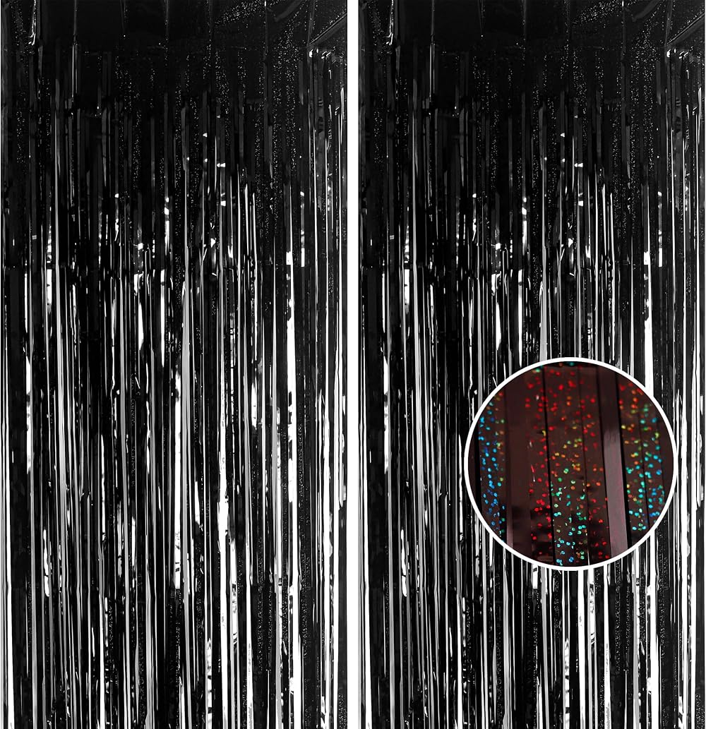 YAAVAAW 2pcs Glitter Black Tinsel Curtain Backdrop 3.2x8.3ft Party Decor