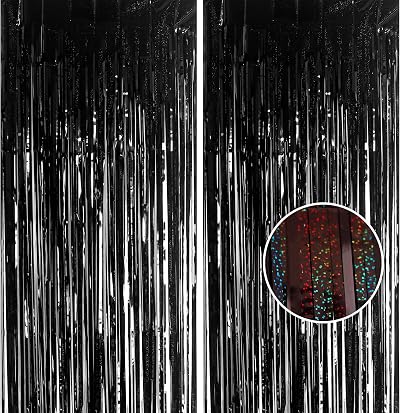 YAAVAAW 2pcs Glitter Black Tinsel Curtain Backdrop 3.2x8.3ft Party Decor