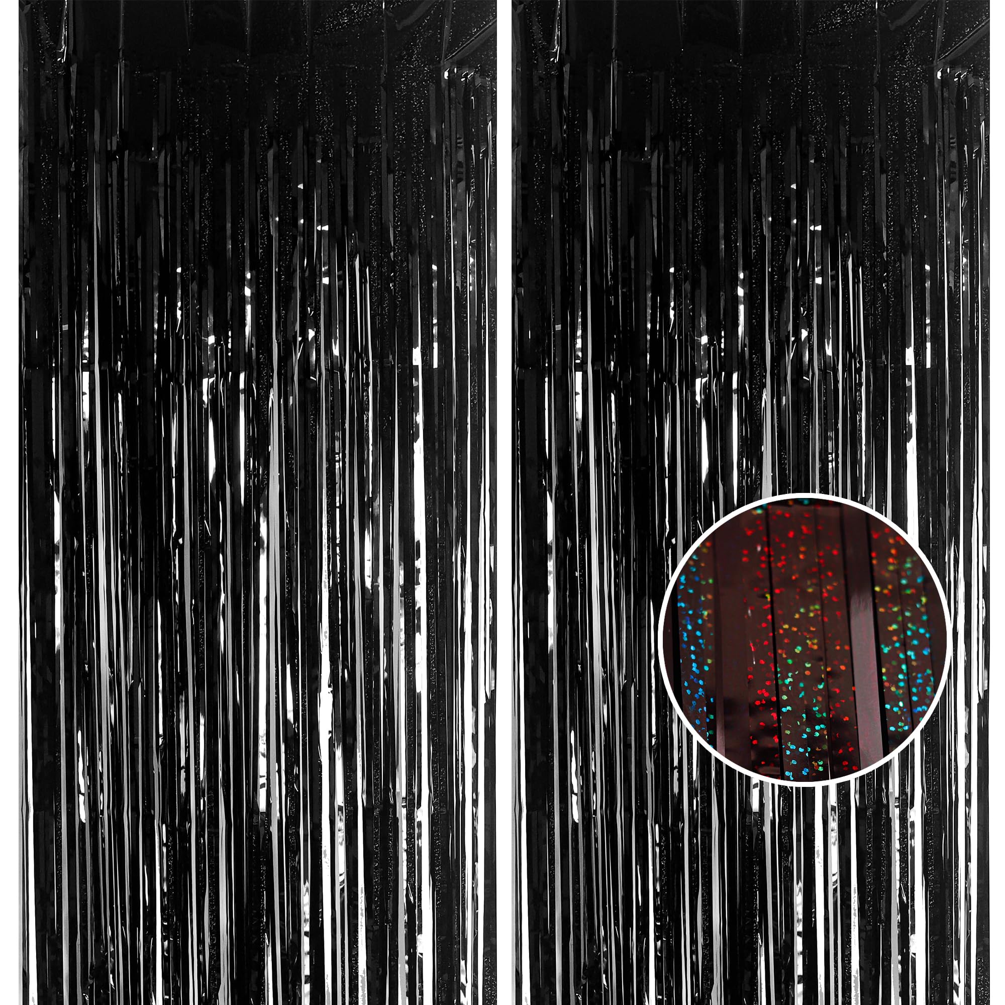2pcs 3.2 x 8.3ft Glitter Black Tinsel Curtain Foil Curtain Decorations Metallic Tinsel Door Hanging Foil Flow Silk Streamers Photo Backdrop Decoration for Halloween Graduation Newyears Wall Streamers