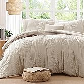 AMBERSPACE Queen Comforter Set Beige, Tufted Boho Bedding Farmhouse Bed Set, All Season 7 Pieces Bed in a Bag with Sheets, Pillowcases & Shams