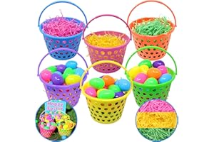 JOYIN 6 Pieces 8" Easter Egg Baskets with Handle and 55 g Tricolors Grass for Garden Party Favors, Easter Eggs Hunt, Goodies 