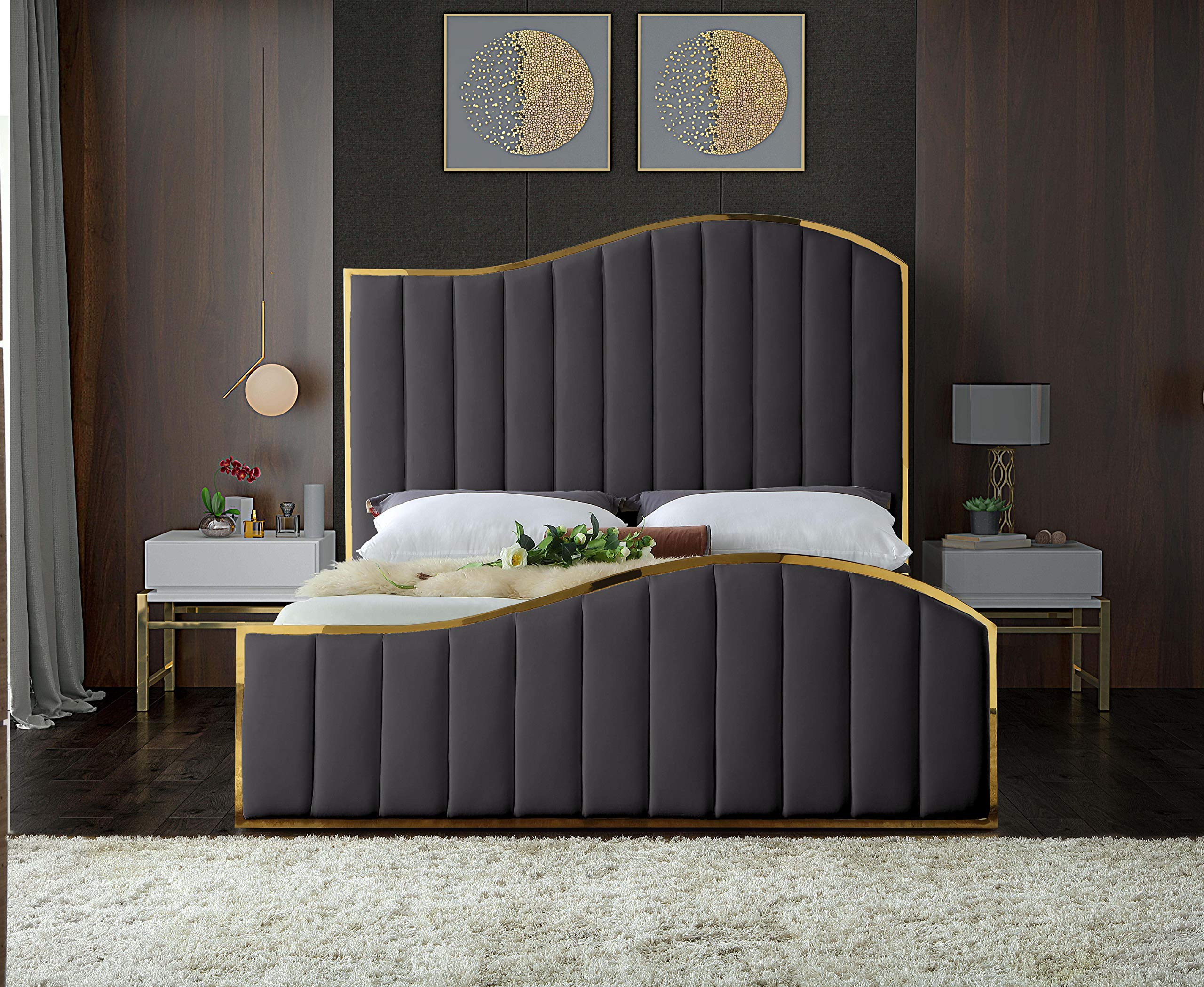 Meridian Furniture (Box 3/3) Jolie Collection Modern | Contemporary Velvet Upholstered Bed With Channel Tufting, And Polished Gold Metal Frame, Grey, King