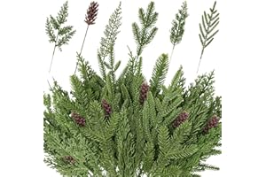 VELLIBRING 50PCS Christmas Norfolk Pine Branches, 6 Styles Artificial Christmas Norfolk Branches Artificial Greenery Real Touch Pine Needle Branches Stems Sprigs for Xmas DIY Making Garland Wreath Home Decor
