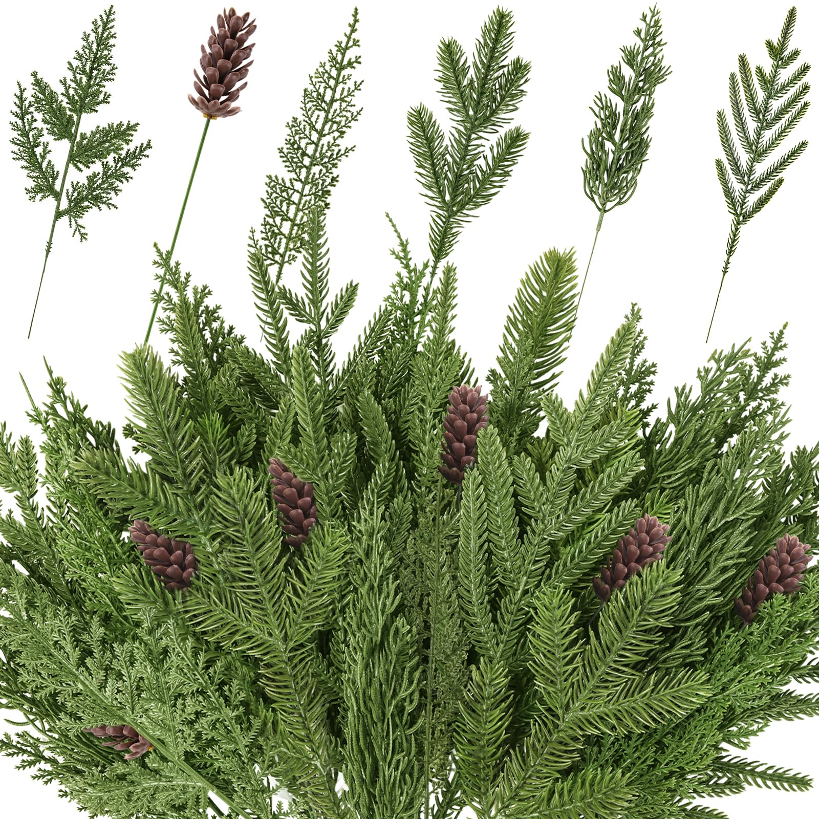 View 1 of **PARTIAL SET, ONLY 12PCS** 50PCS Christmas Norfolk Pine Branches, 6 Styles Artificial Christmas Norfolk Branches Artificial Greenery Real Touch Pine Needle Branches Stems Sprigs for Xmas DIY Making Garland Wreath Home Decor