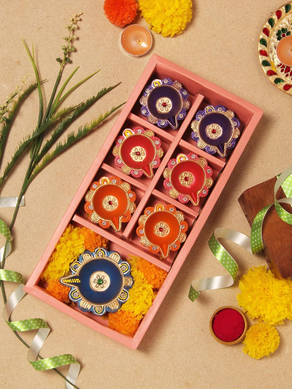 Oil Lamps & Accessories - Handmade Terracoaat Set of 7 Multicolor Clay Diya for Diwali/Navratri Decorations Oil Lamp Diwali Clay Diya Tea Light Holder Indian Decor Festival Gifts Puja Items