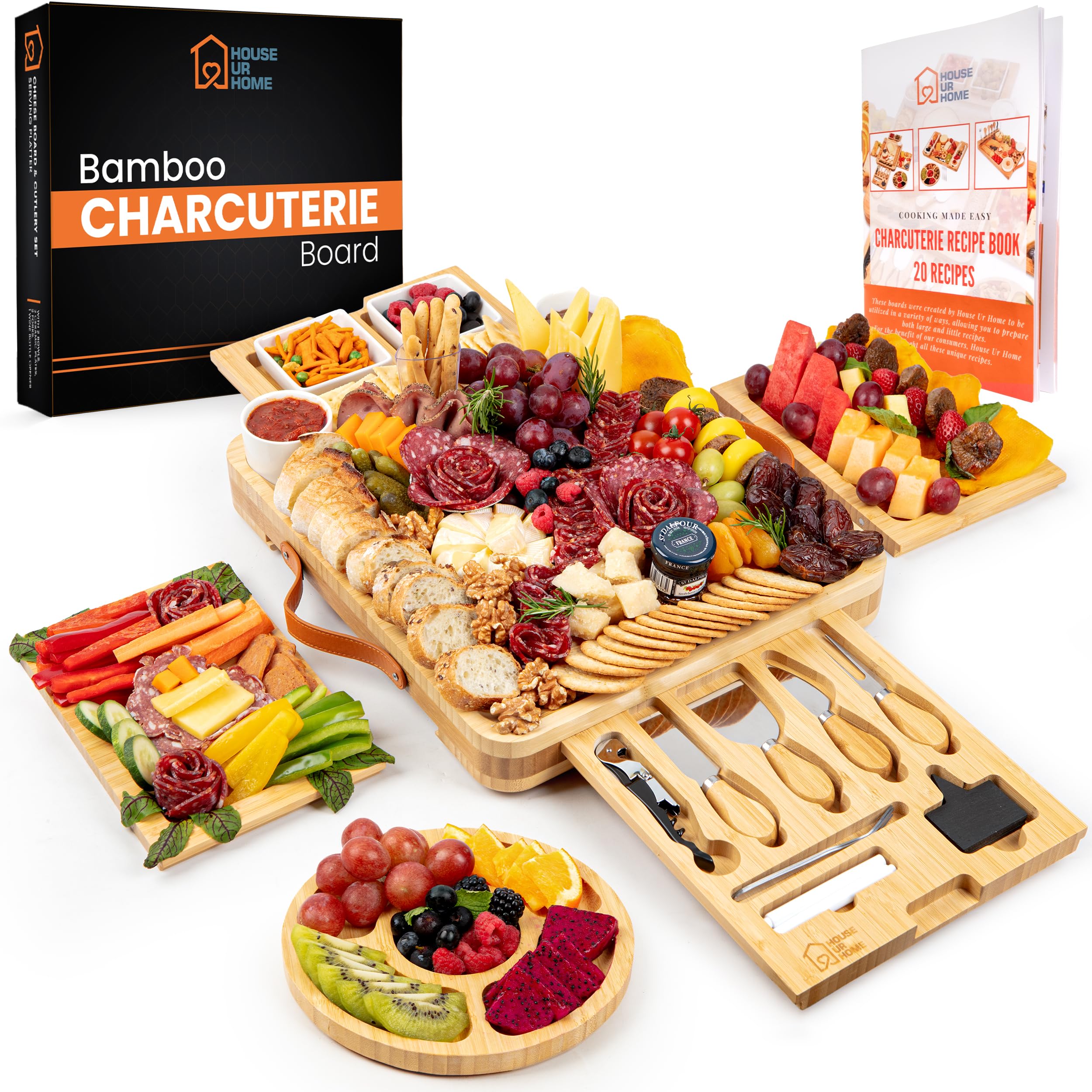Photo 1 of Large Bamboo Charcuterie Boards Gift Set with 4 Hidden Drawers, Cheese Knives, Ceramic Bowls & Plates, Recipe Book, Perfect House Warming Gifts New Home