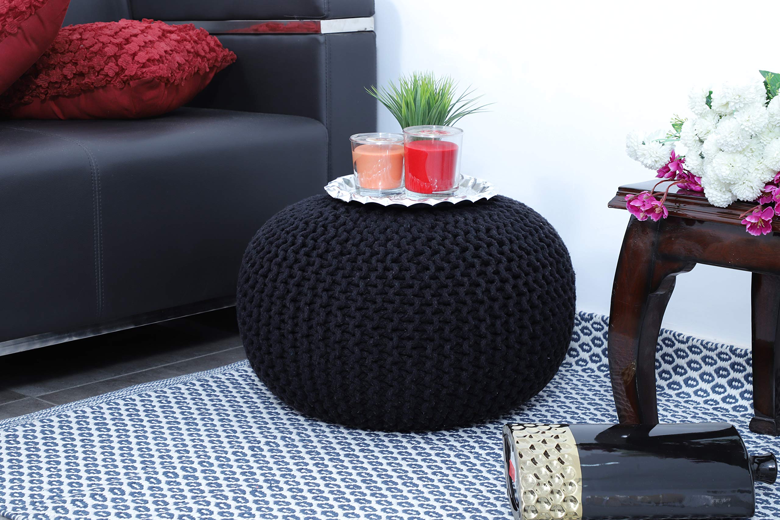 Fernish Décor Hand Knitted Cotton Ottoman Pouf Footrest 20x20x14 INCH, Living Room Accent seat (Black)