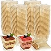 Tebery 100 Pack 6 Oz Gold Glitter Medium Plastic Dessert Cups With 100 Spoons Square Dessert Bowls for Tasting Party Desserts Appetizers