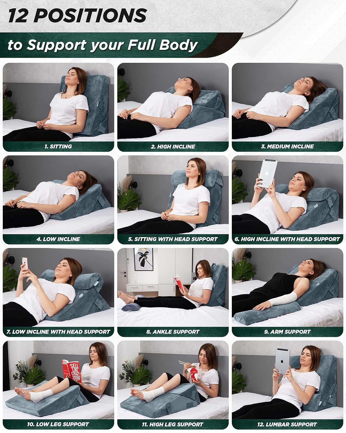 Lunix LX6 3pcs Orthopedic Bed Wedge Pillow Set, Post Surgery Memory Foam for Back,Leg and Knee Pain Relief. Sitting Pillow for Reading, Adjustable Pillows for Acid Reflux and GERD for Sleeping Navy: Kitchen & Dining