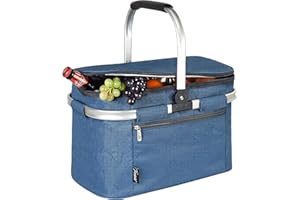 Tirrinia Large Insulated Picnic Basket, 34L Water Resistant & Leakproof Collapsible Portable Cooler Basket Set with Aluminium Handle for Travel, Shopping, Camping,Foldable Grocery Bag, Blue
