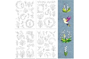 Peacoblue Water Soluble Embroidery Patterns for Beginners 4 Sheets with 50pcs Lily of The Valley Patterns, Hummingbird, Wash Away Embroidery Pattern Stabilizer for Hand Sewing Lover Women Adults