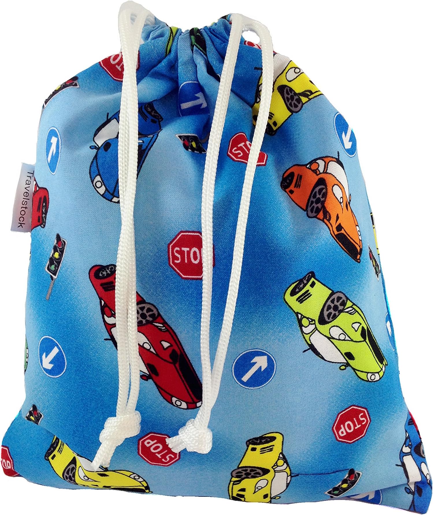 Kids Cotton Wash Bag Drawstring Small - Racing Cars