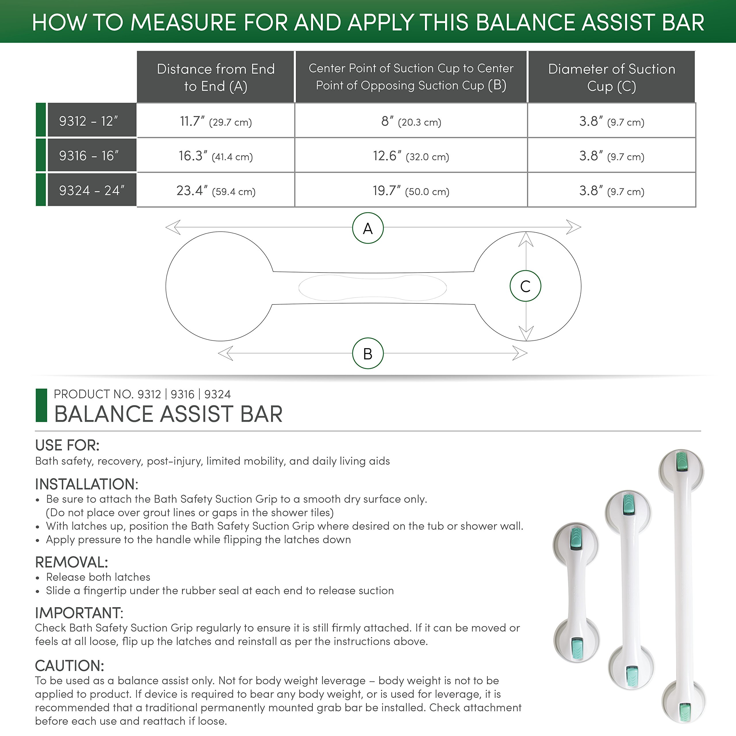 PCP Suction Grip Bathtub and Shower Safety Handle, White, 16 Inch