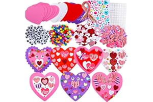 JULBEAR 700 Pcs Valentine's Day Foam Heart Ornaments Craft DIY Kit with Foam Hearts Self-Adhesive Stickers Glitter Pom-poms Wiggle Googly Eyes Satin Cords for Kids Valentine Decoration Craft Supplies