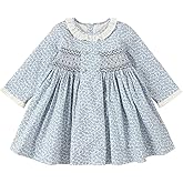 Twoflower Kids Baby Girls Casual Floral Print Dress | Toddler Smocking Long Sleeve Dresses with Ruffle Collar for Holiday