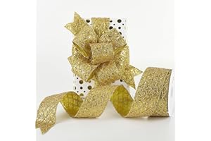 HUIHUANG Gold Glitter Wired Ribbon for Christmas Tree 2.5 inch Gold Diamond Mesh Ribbon for Tree Decoration, Wreaths, Garland, Gift Wrapping, Large Bows Making, Home Decor -10 Yards