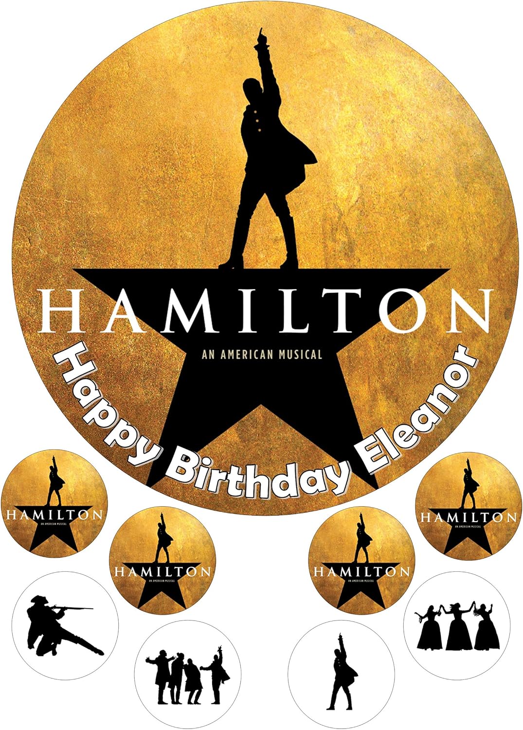 cdb Hamilton edible Round 7.5 inch + 8 Iced Cake Toppers on Icing