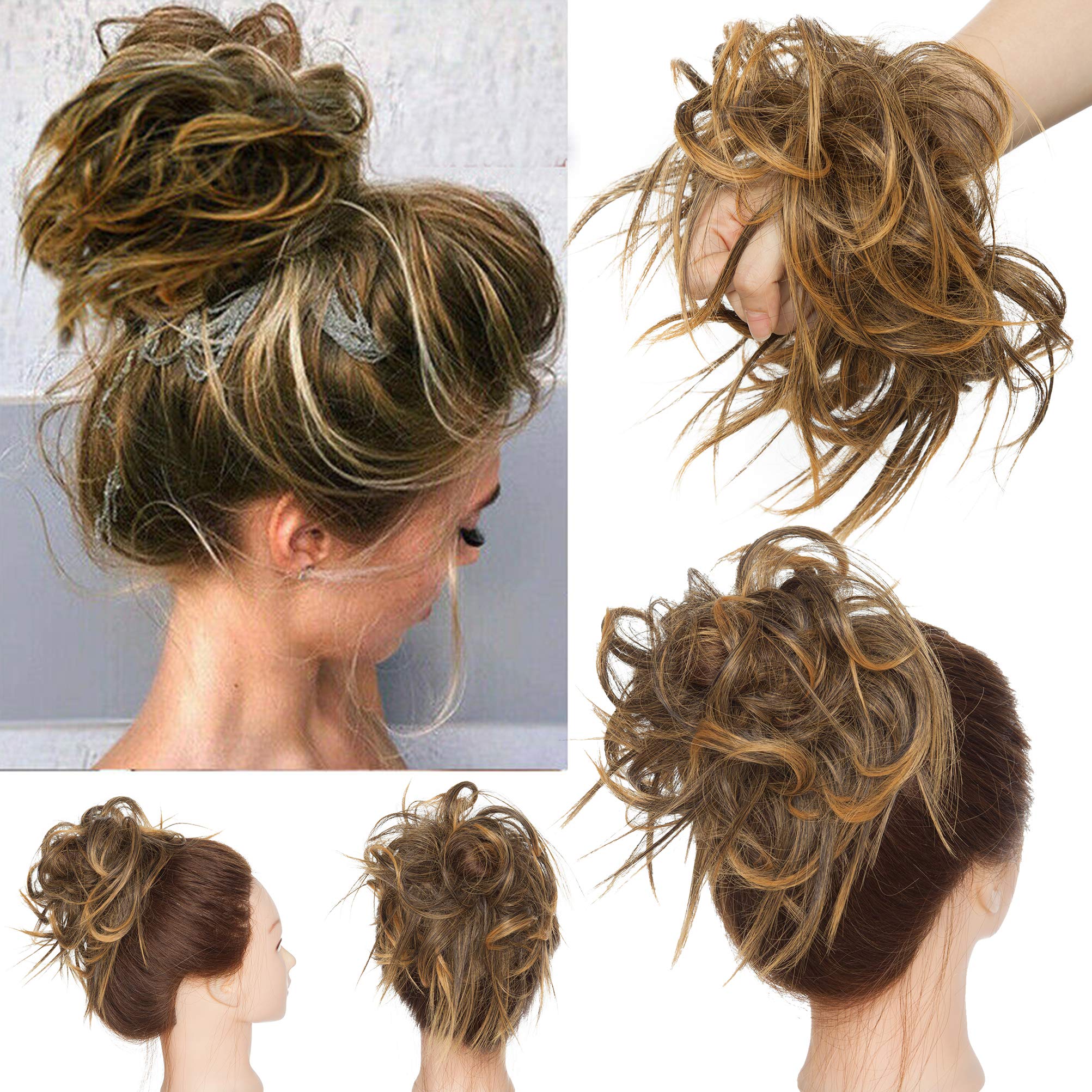 Tousled Updo Messy Bun Hair Piece Scrunchies Hair Synthetic Wavy Bun Extensions Fluffy Updo Scrunchy Chignon with Elastic Rubber Band Wrap on Donut Ponytail Hairpieces Medium Brown mix Golden Blonde