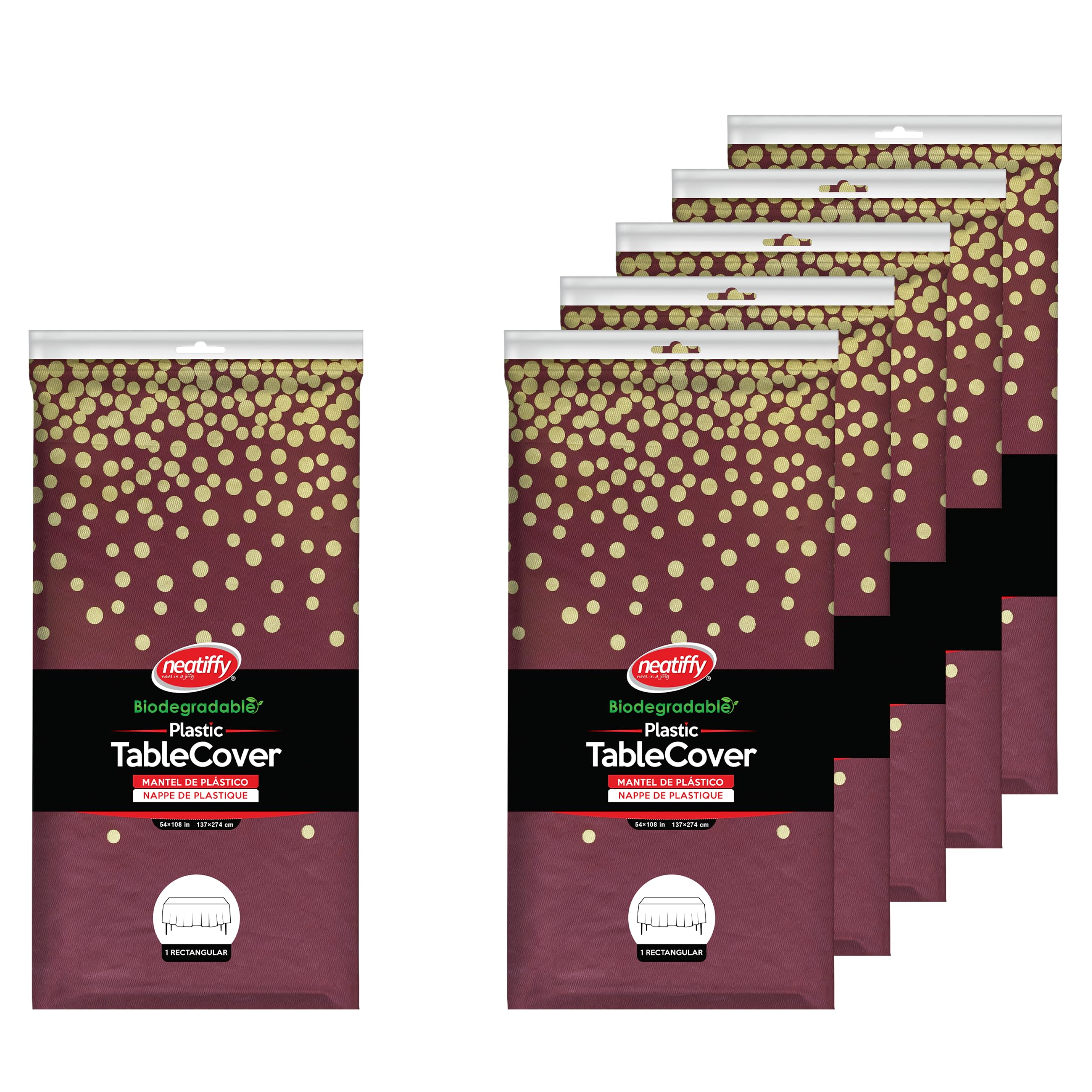 Neatiffy 54 in x 108 Inch 6Pack Rectangle Plastic Table Cloth | Waterproof Disposable/Reusable Tablecloth | Table Cover for Picnic, Party, Banquet, Birthdays (Burgundy Gold Dot) — image 1