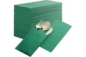 50-Pack Disposable Linen-Feel Dinner Napkins with Built-in Flatware Pocket, GREEN Prefolded Cloth Like Paper Napkins For Chri