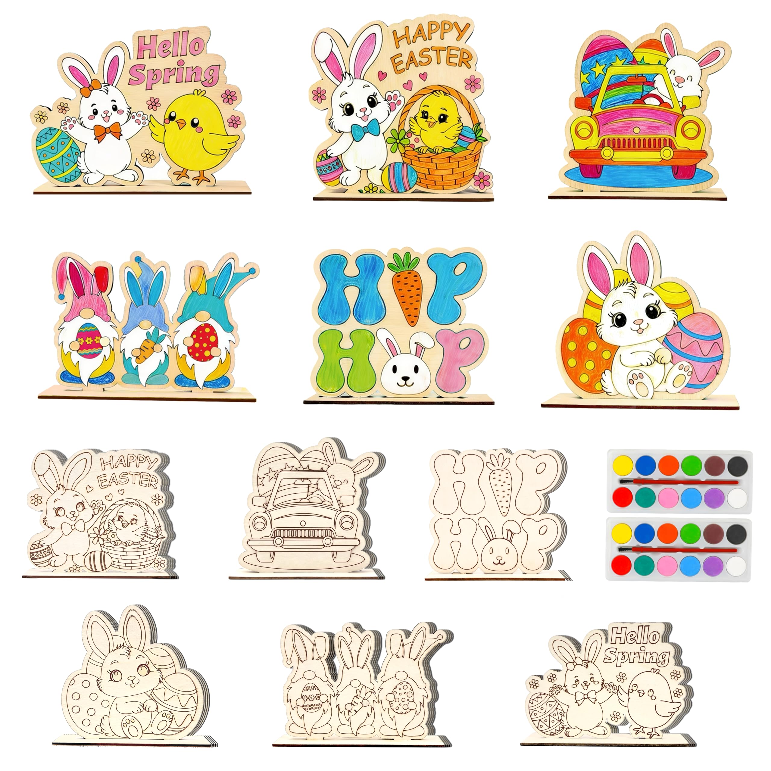 Photo 1 of 24pcs Easter Crafts Kit, Easter Unfinished Wood Crafts and Art Supplies, Make Your Own Happy Bunny Table Decorations, DIY Spring Painting Crafts for Activities Party Favors Home
