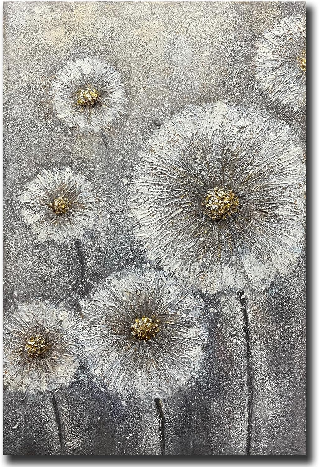 Paintings - Boieesen Art,24x36Inch 100% Hand Painted Minimalist Dandelion Oil Painting White Wildflowers Wall Art Grey and Gold Floral Canvas Paintings Neutral Landscapel Artwork Oil Hand Painting for Living Room Bedroom Office Hallway