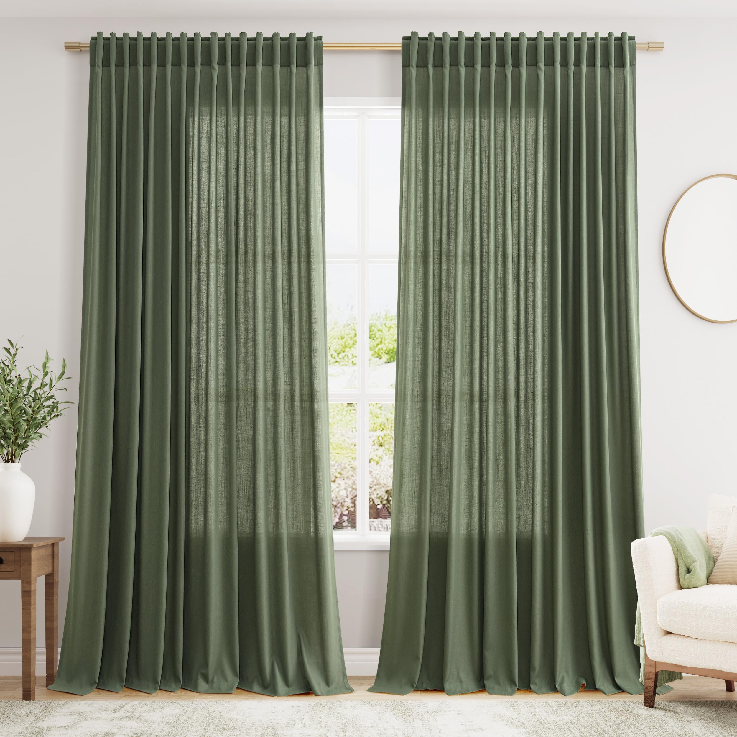 Nanspring Extra Wide Linen Curtains for Living Room 108 Inch Length for Room Divider Olive Green Rustic Farmhouse Drape Rod Pocket Back Tab Light Filtering Bedroom Window Curtain for Sliding Door Image