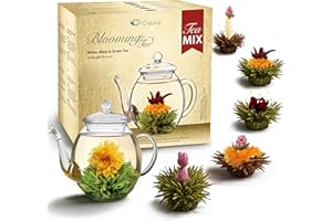 Creano Tea Flowers Mix Golden Gift Set Blooming Tea with Glass Teapot White, Green & Black Tea in 6 Varieties Tea Flower Blooming Tea Gift for Women