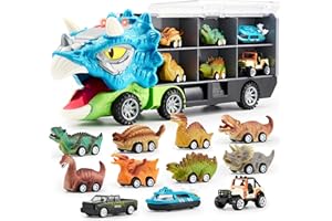 JOYIN 13 in 1 Dinosaur Toys for Kids 3-5, Triceraptor Dinosaur Truck with 12 Pull Back Cars, Birthday Gifts Toys for 3 4 5+ Year Old Boy, Transport Carrier Truck for Toddlers 3-4 Years