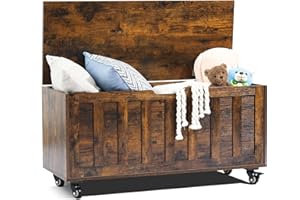 HYZ Storage Chest, 39.4'' Wooden Storage Bench with 4 Wheels & 2 Safety Hinges, Retro Box Support 300 lbs for Bedroom, Living Room, Easy Assembly, Rustic Brown