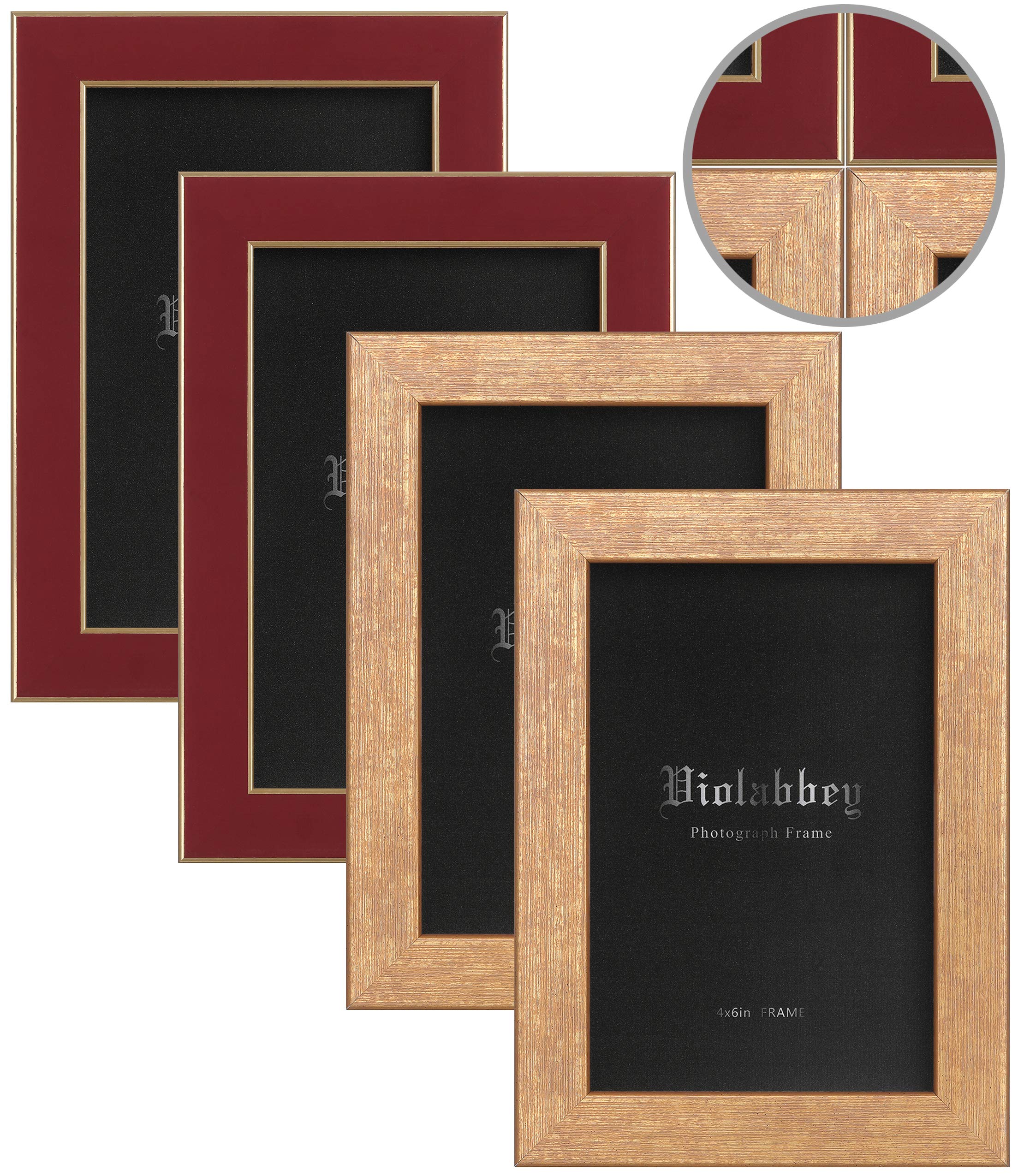 Photo 1 of VIOLABBEY 4x6 Picture Frames Set of 4, Colorful Photo Frame of Modern Style, High Definition Tempered Real Glass, Wall Mounted or Tabletop Display (Gold+Red)