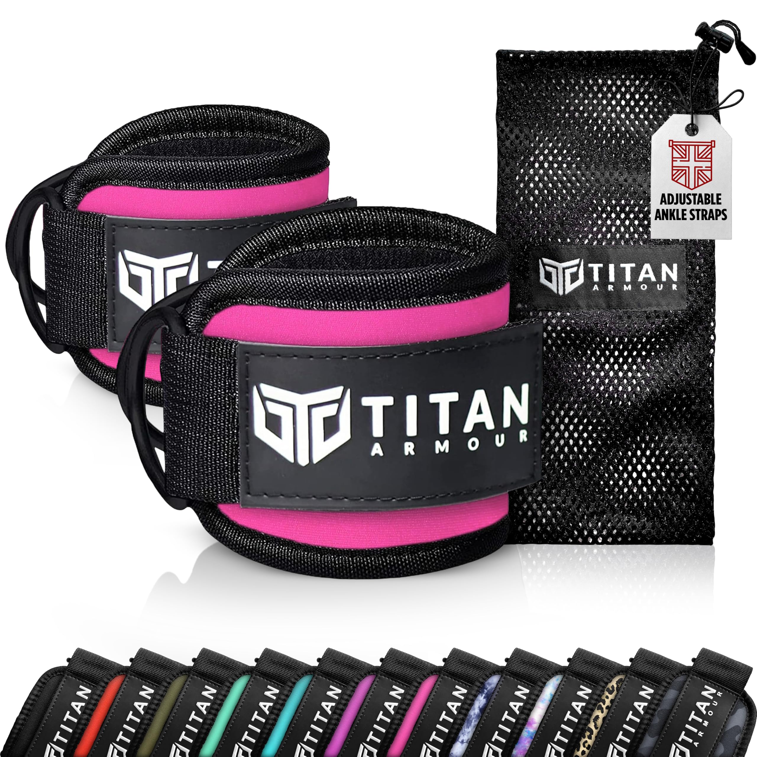 Titan Armour® Ankle Straps for Cable Machines | Gym Cuffs w/Heavy-Duty Steel Double D-Rings & Adjustable Strap | Lower Body Workouts Inc. Leg Extension, Leg Curl & Glute Kickback | Men & Women