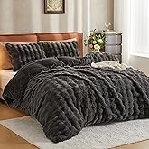 JELLYMONI Plush Duvet Cover Set - King Size Dark Gray Faux Fur Comforter Cover 3pcs Bedding Set Luxury Ultra Soft Striped Fluffy Duvet Cover with Zipper and 2 Pillowcases (NO Comforter)
