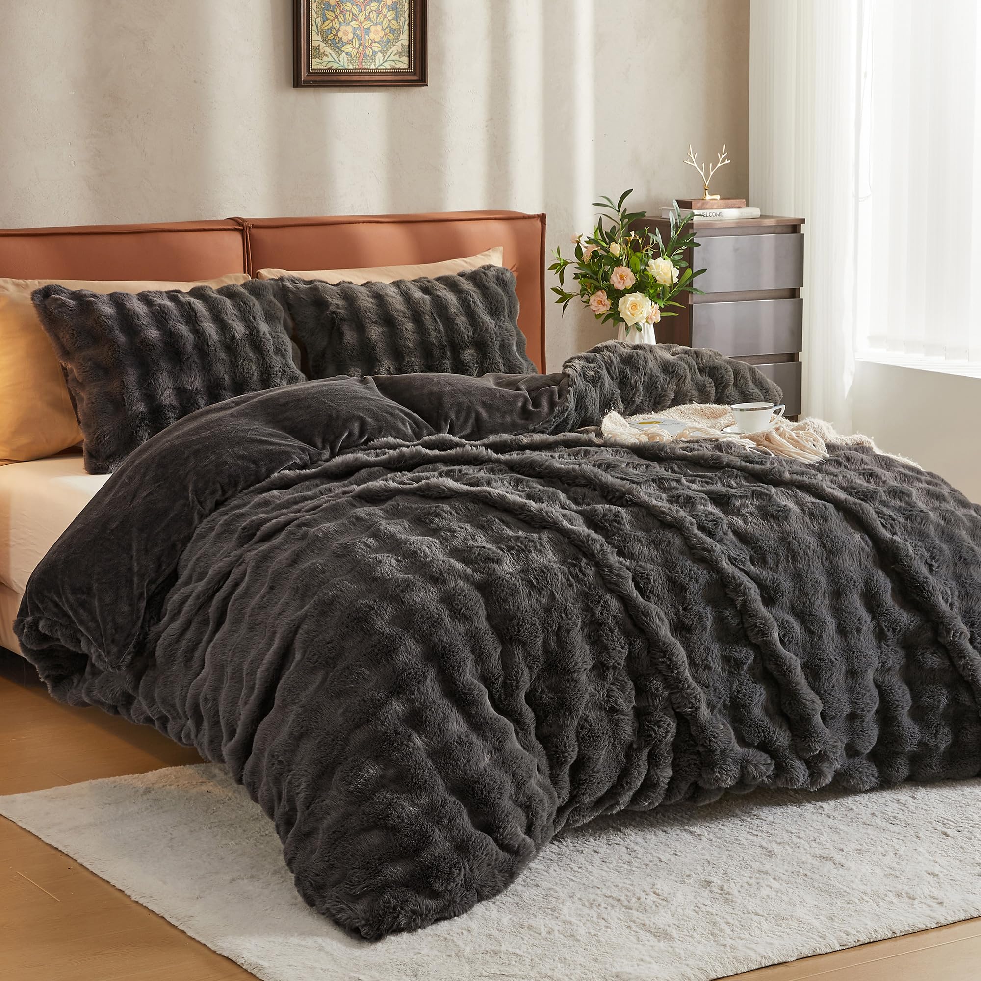 Photo 1 of JELLYMONI Plush Duvet Cover Set - Queen Size Dark Gray Faux Fur Comforter Cover 3pcs Bedding Set Luxury Ultra Soft Striped Fluffy Duvet Cover with Zipper and 2 Pillowcases (NO Comforter)