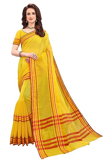 Womens Kota Doria Polyester Saree With Unstitched Blouse (jari145yellow_Yellow)