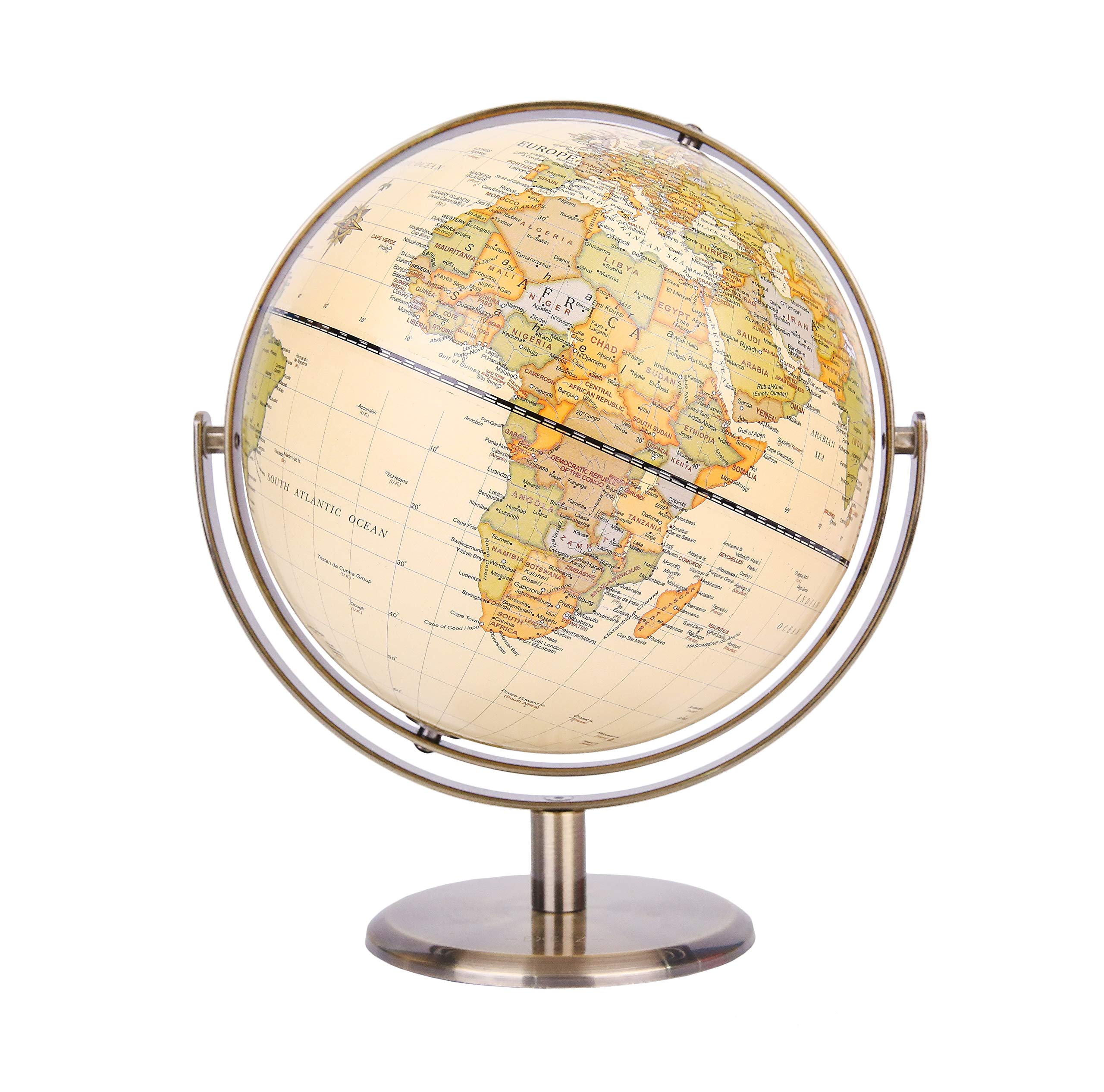 Exerz 20cm Antique Globe Metal Arc and Base Bronzed Colour - World Globe All direction 360° Rotation - Modern Map in Vintage Colour