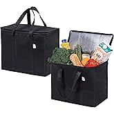 VENO 2 Pack Cooler Bags - Insulated for Food Delivery, Collapsible and Reusable Shopping Bags with Zipper, Foldable, Heavy-Duty, Stands Upright - Ideal for Groceries (Black, 2 Pack)