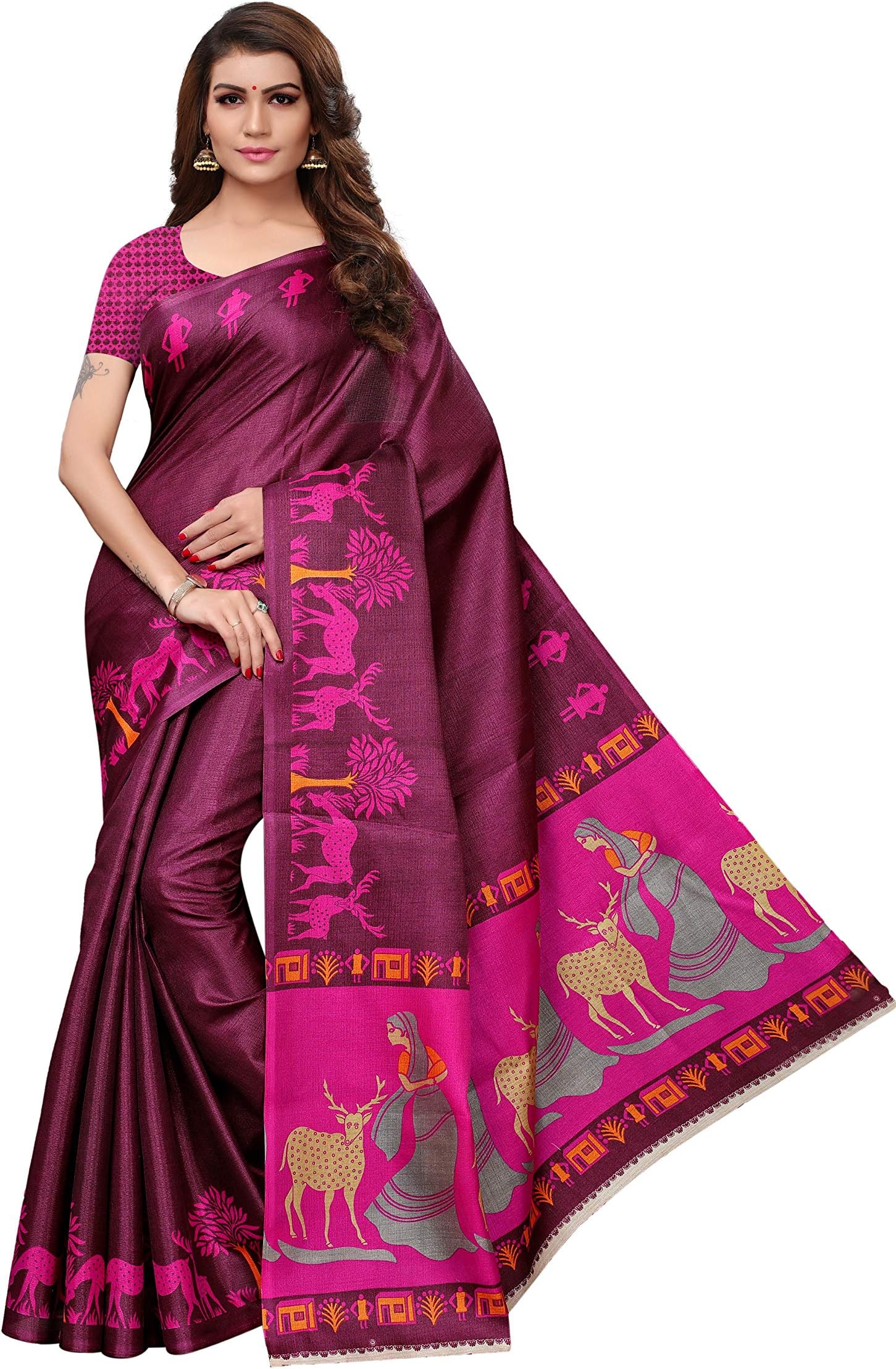 ETHNICMODE Indian Women's Khadi Silk Fabrics Multi-Colored Printed Sari with Blouse Piece (Fabric) Kalamkari 10 Wine