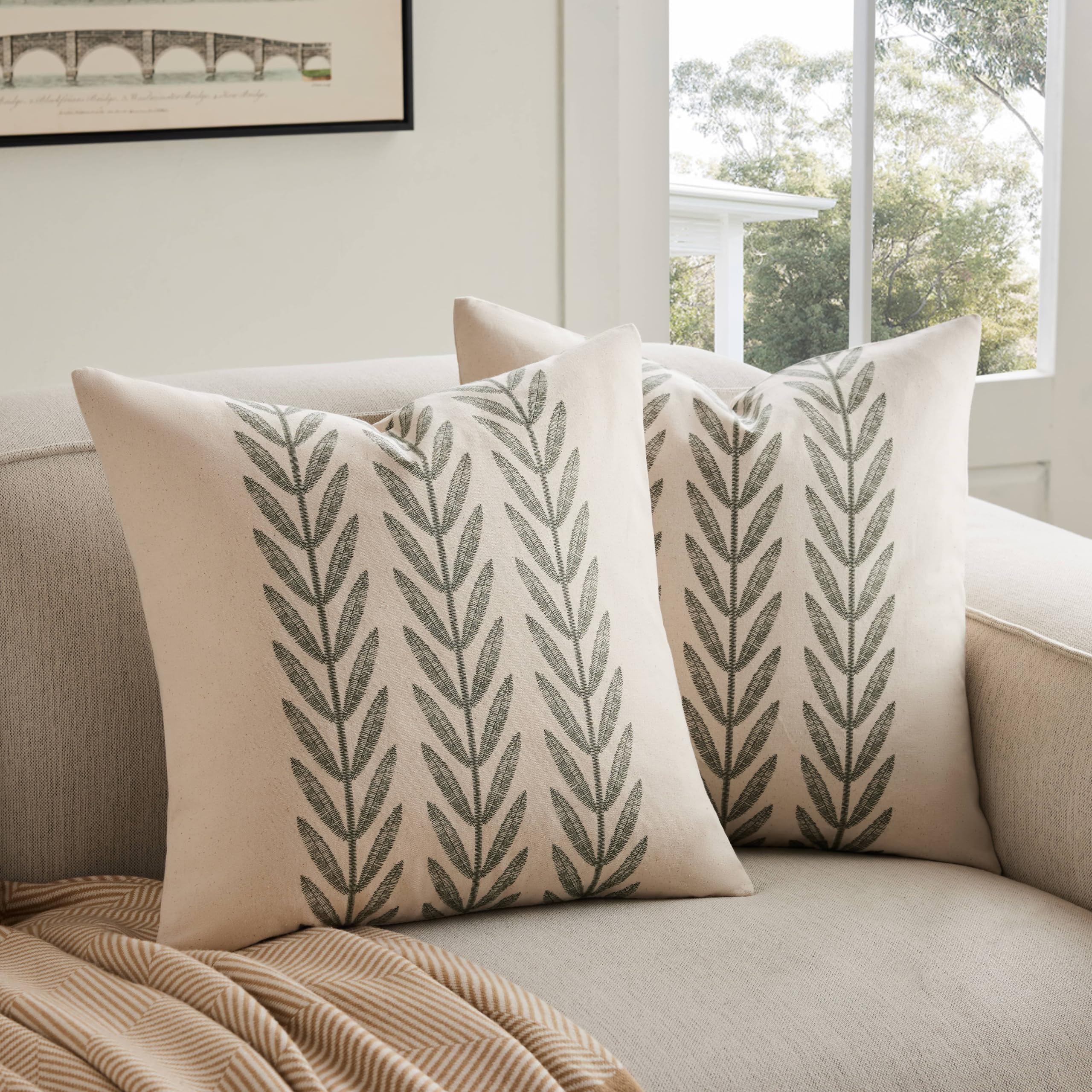 Photo 1 of YZJZEDS 100% Cotton Farmhouse Leaves Throw Pillow Covers Set of 2, 24x24 Inch Green Pastoral Decorative Print Cushion Covers for Sofa Bed Living Room Home Decor