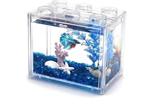Small Betta Fish Tank, Mini Fish Tank Aquarium Tank Kit with Blue Gravel & Resin Decorations, 0.6 Gallon Stackable Fish Bowl 