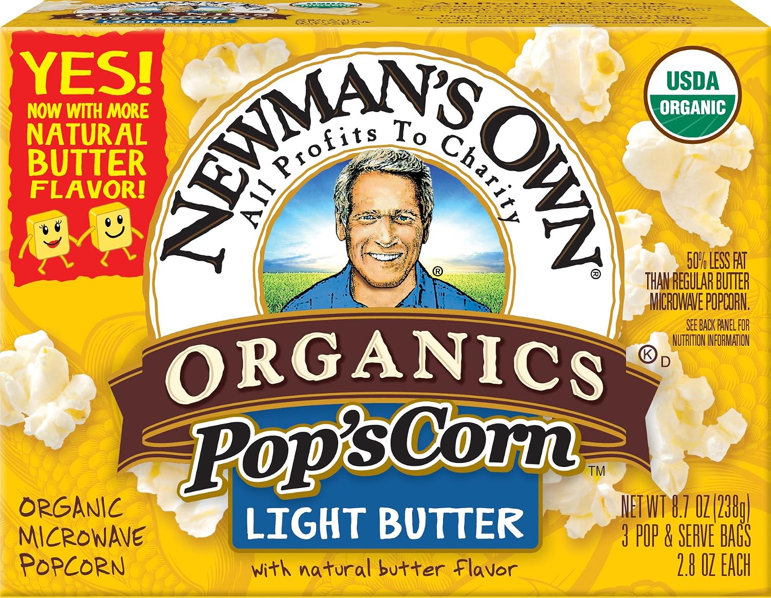 Newman's own organics pop's corn - Light Butter Organic popcorn, Organic Palm Oil, Natural Butter flavor (contains Milk), salt (757645000215)