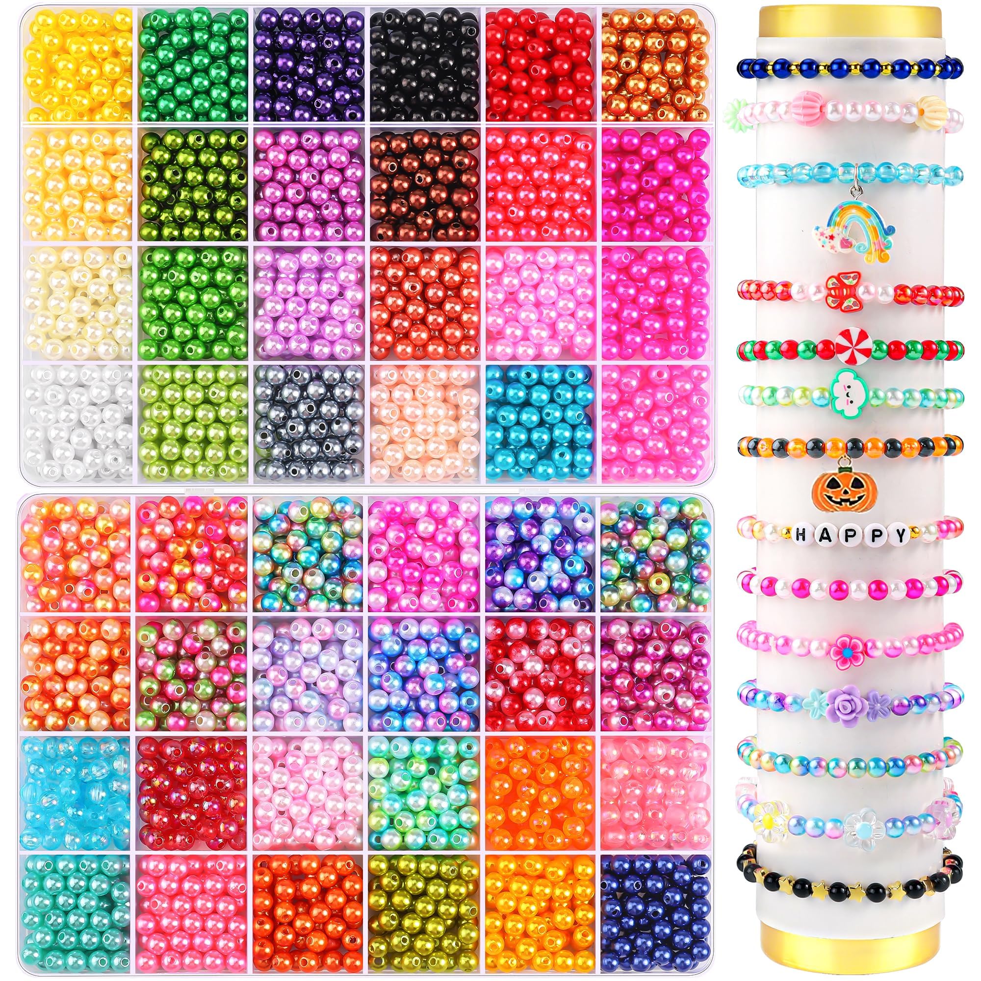 WIURGOHA 2400PCS 6mm Pearl Beads for Bracelets Making,48 Colors Round Pearls Bead for Jewelry Making Small Pearl Filler Beads for DIY Craft Necklace Earrings