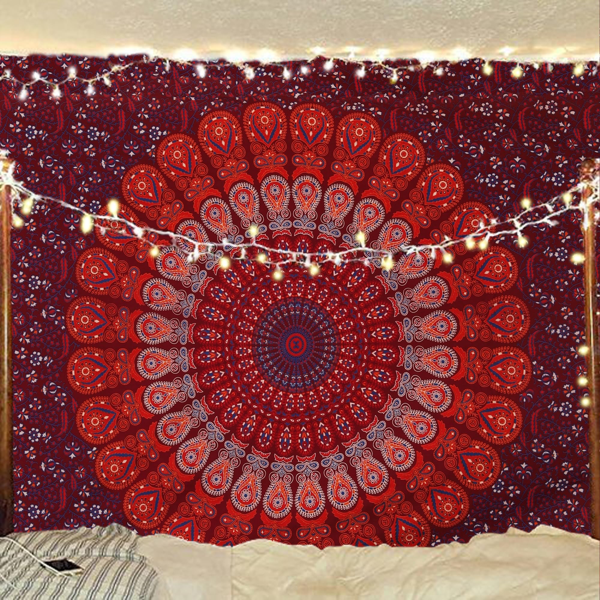 Bless International Indian hippie Bohemian Psychedelic Peacock Mandala Wall hanging Bedding Tapestry (Blue Red, Twin (54x72Inches)(140x185cms))
