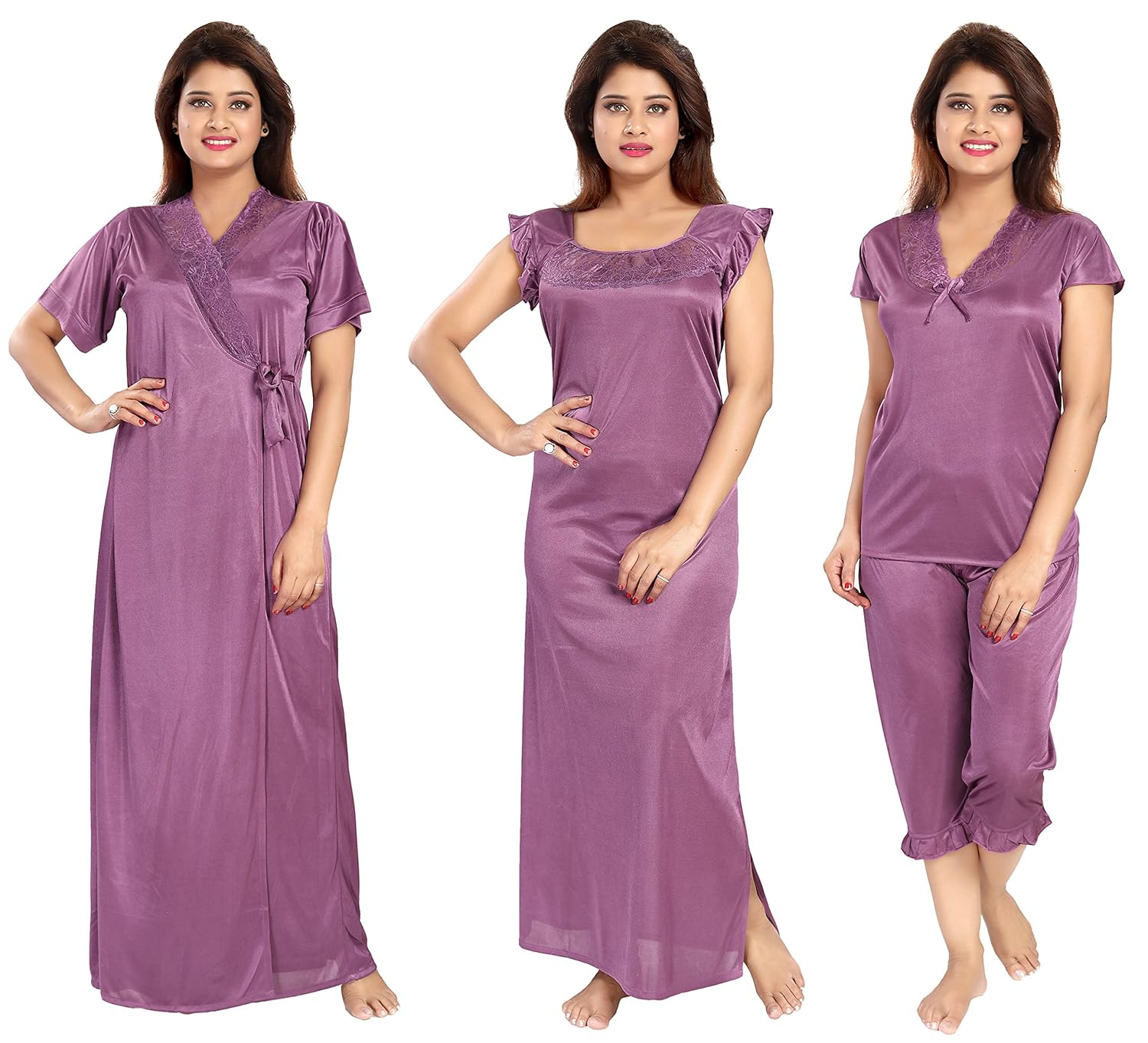 noty women's satin nighty(dn 41_purple_free size) - set of 4