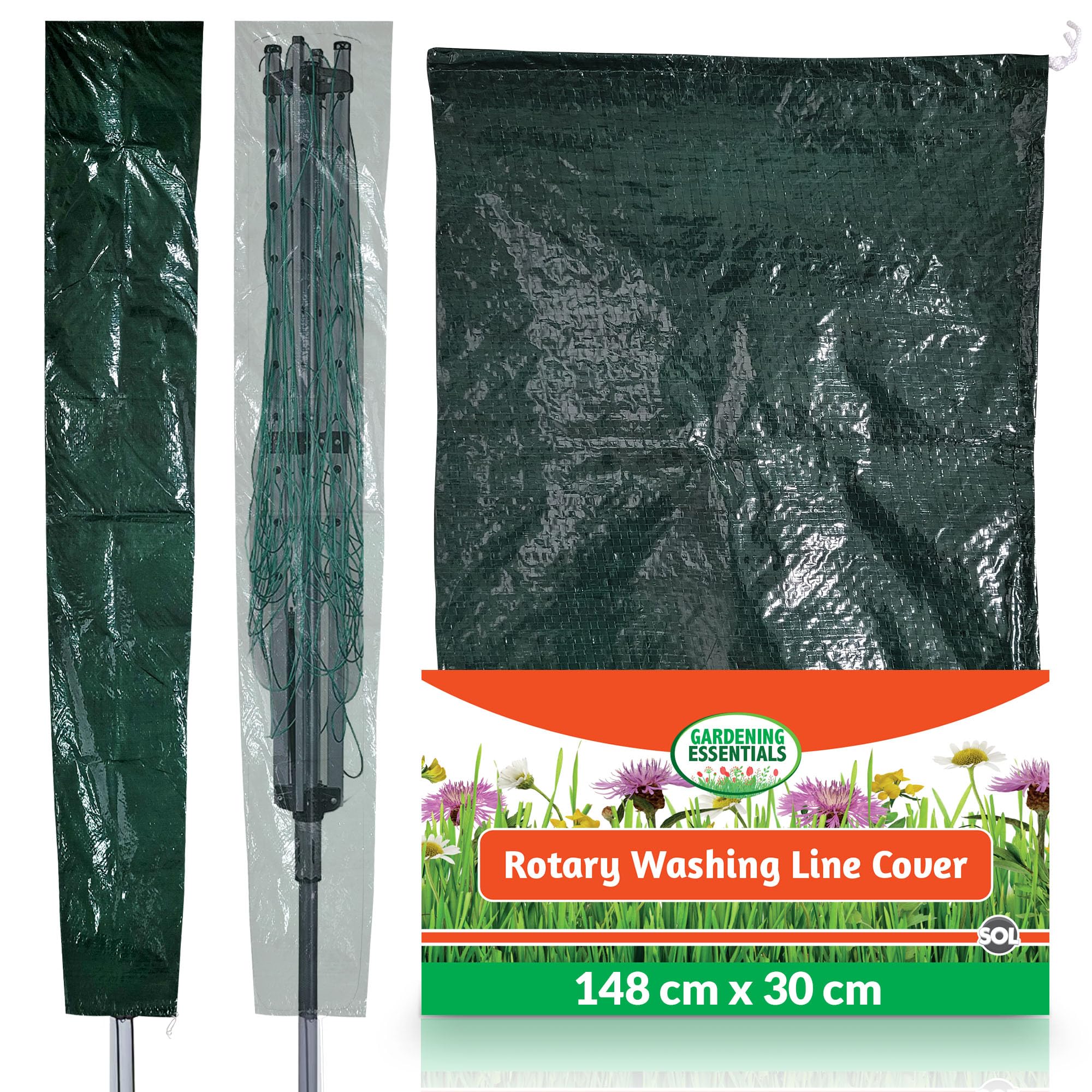SOL Rotary Washing Line Cover, 148x30cm Heavy-Duty Rotary Washing Line, Waterproof, UV-Resistant, Tear-Resistant Design, Protects Outdoor Clothes Airer from Rain, Sun & Dust, Ideal for All-Weather Use