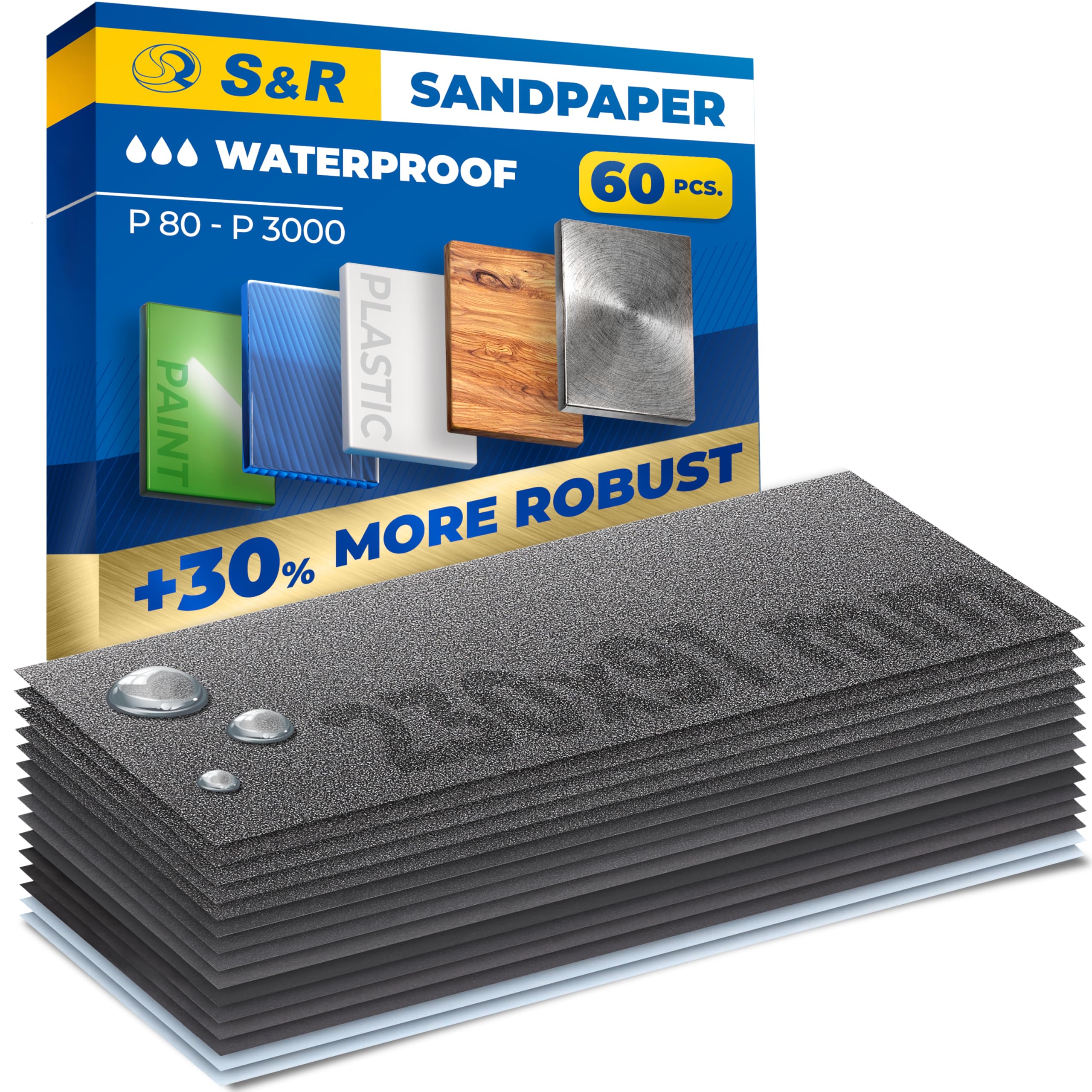 S&R Sandpaper, Waterproof Abrasive Paper Assortment for Wet and Dry Usage, 60 PCS, 15 grain sizes from P80 to P3000