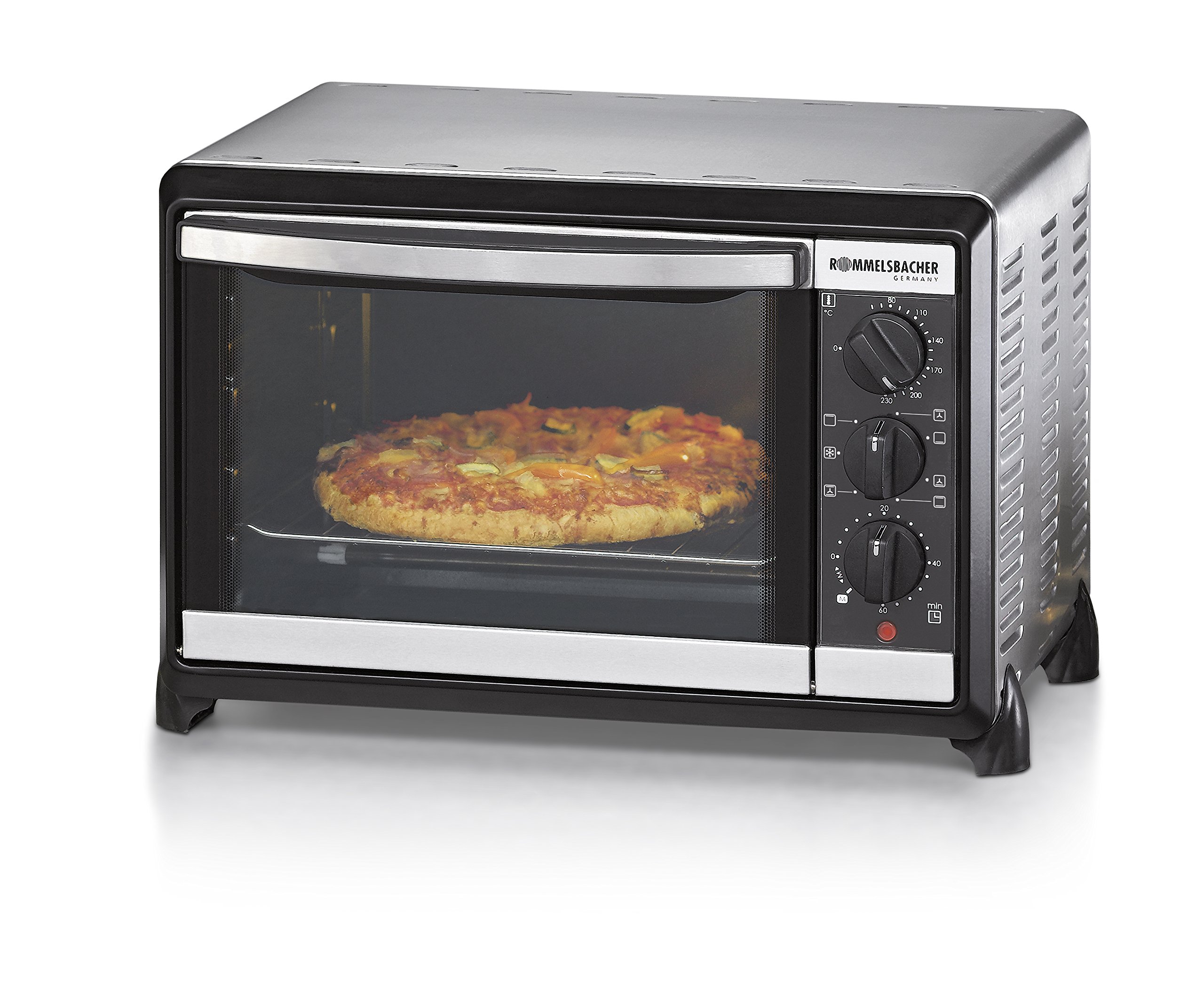 ROMMELSBACHER Kleinbackofen BG 1055/E - 18 Liter Backraum, 7 Heizarten inkl. Umluft, Temperaturen von 80-230 °C, Doppelverglasung, Innenbeleuchtung, Zeitschaltuhr, 1050 W, Edelstahl