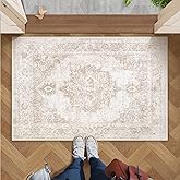 Area Rug 2x3 Vintage Rug: Small Washable Indoor Medallion Entryway Rug Low Pile Distressed Floor Carpet Retro Accent Doormat for Bedroom Bathroom Hallway Kitchen Home Office(Beige, 2'x3')