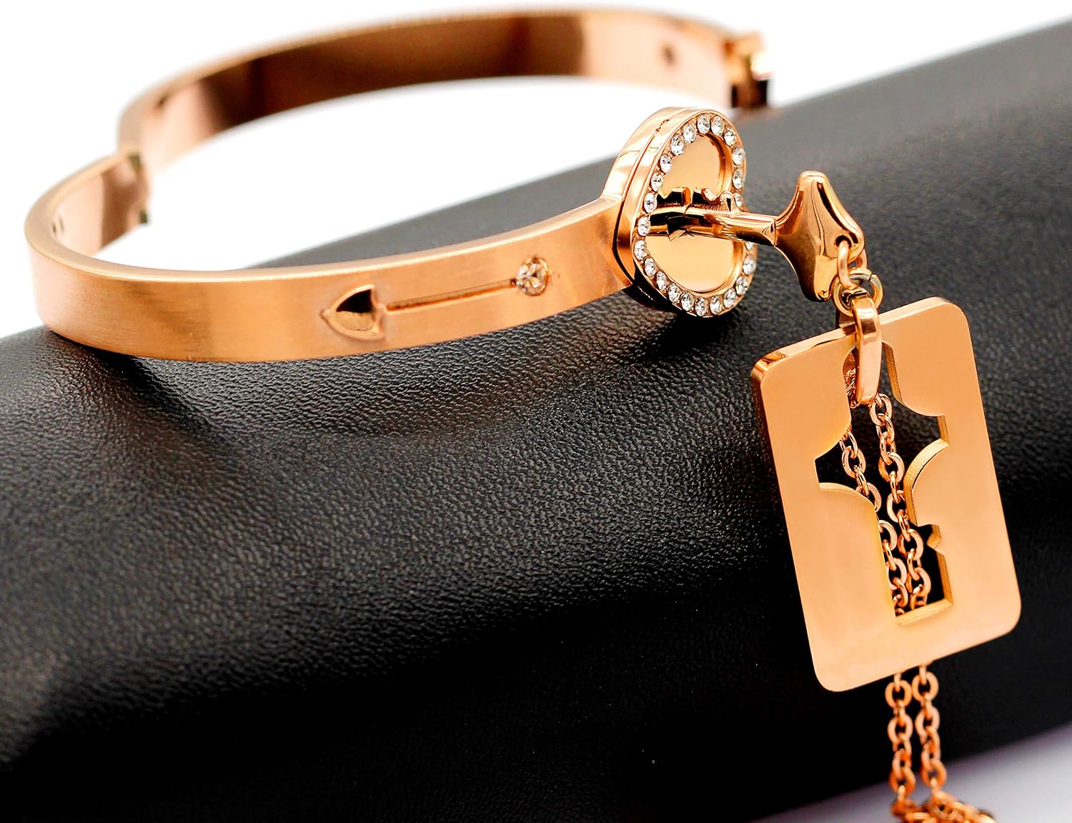 Uloveido Heart Lock Bracelet and Shield Key Necklace for Girls Boys Matching Jewelry Set for Couples Men and Women Y473/Y474 (Rosegold-2) - Image 3