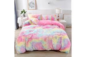 RYNGHIPY 3Pcs Ultra Soft Long Hair Plush Shaggy Duvet Cover with Pillowcases, Colorful Tie Dye Fluffy Velvet Bedding Set with Hidden Zipper Closure (Colorful Pink,Full)